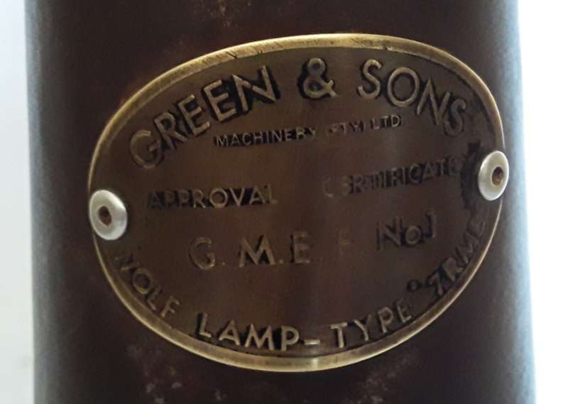 Antique Miner`s Safety Lamp. `Wolf Safety Lamp Co No.7 RMBS`.