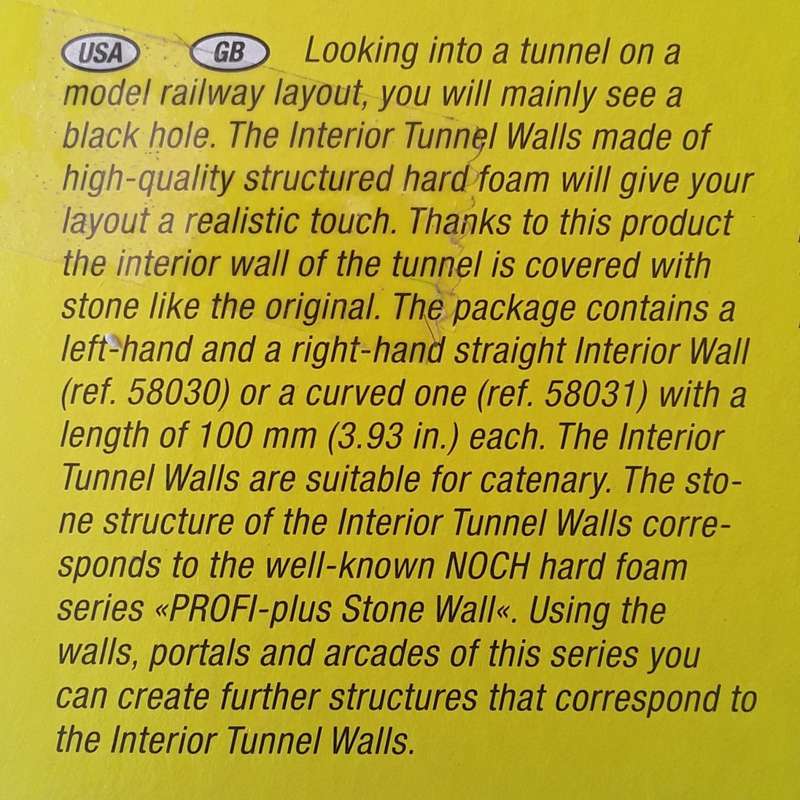 Noch Interior Tunnel Walls - 2-piece set (10cm). HO scale. Mint in box.