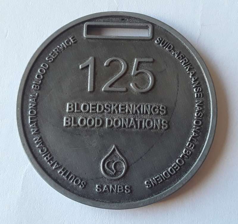 SANBS `Anthon Heyns` 125 Blood Donations Award Medal. Cased.