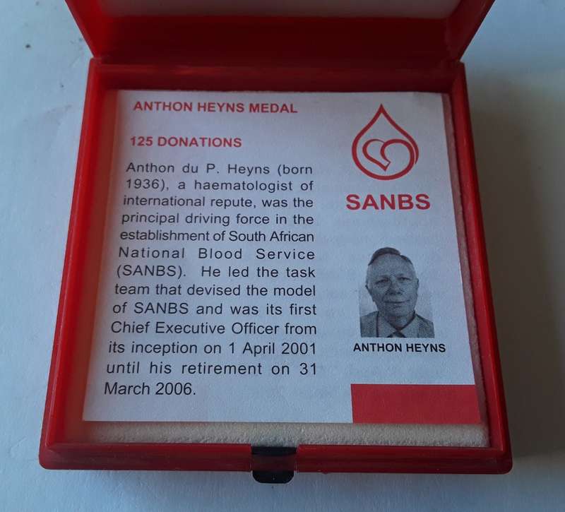 SANBS `Anthon Heyns` 125 Blood Donations Award Medal. Cased.