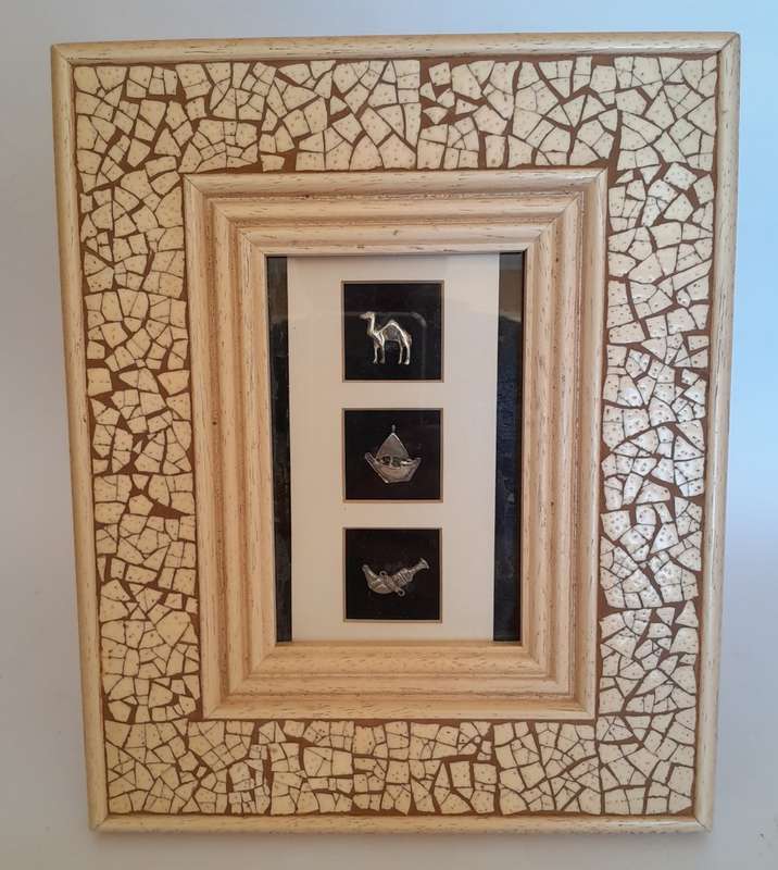 3 Solid Silver Miniatures In a Stone Mosaic Frame.