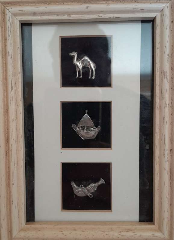 3 Solid Silver Miniatures In a Stone Mosaic Frame.