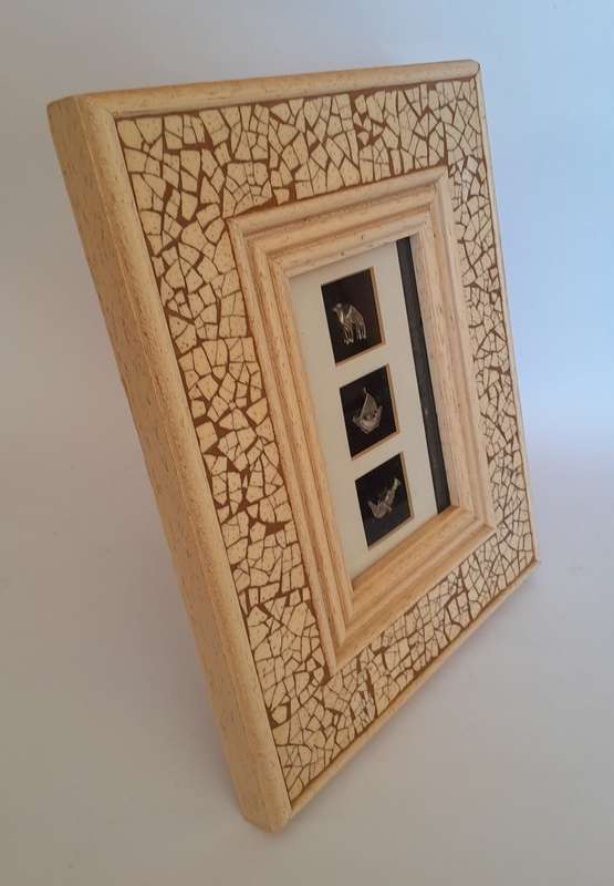 3 Solid Silver Miniatures In a Stone Mosaic Frame.