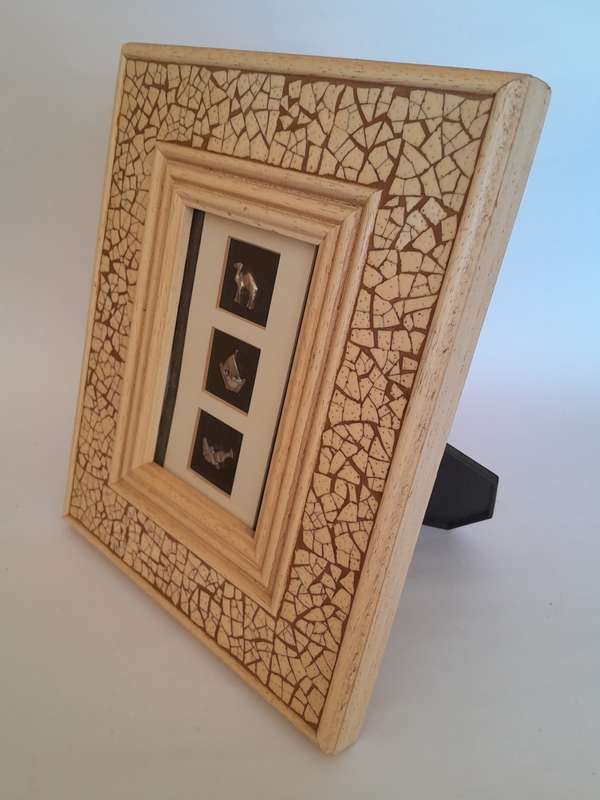 3 Solid Silver Miniatures In a Stone Mosaic Frame.