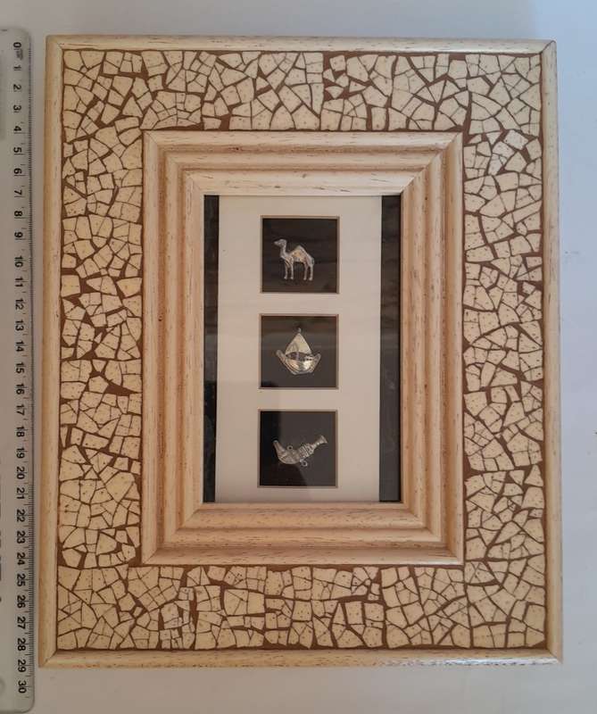3 Solid Silver Miniatures In a Stone Mosaic Frame.