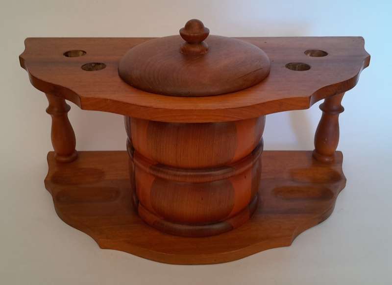 Vintage Solid Wood Pipe Stand For 4 Pipes With Tobacco Jar.