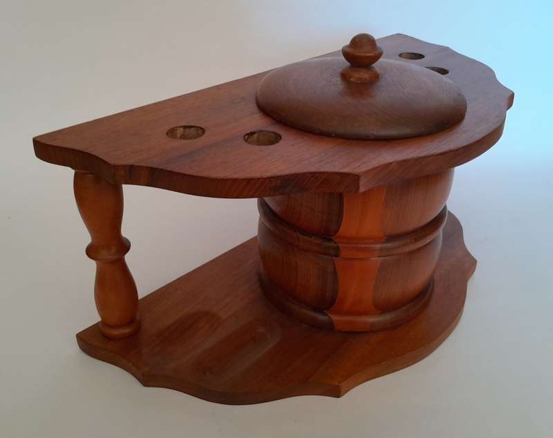 Vintage Solid Wood Pipe Stand For 4 Pipes With Tobacco Jar.