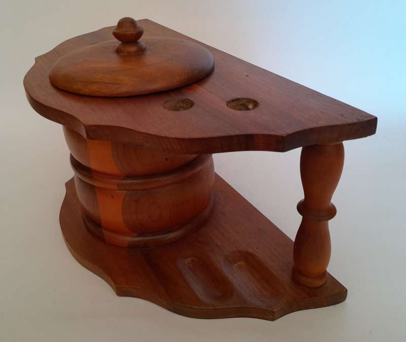 Vintage Solid Wood Pipe Stand For 4 Pipes With Tobacco Jar.
