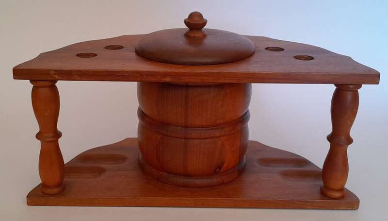 Vintage Solid Wood Pipe Stand For 4 Pipes With Tobacco Jar.