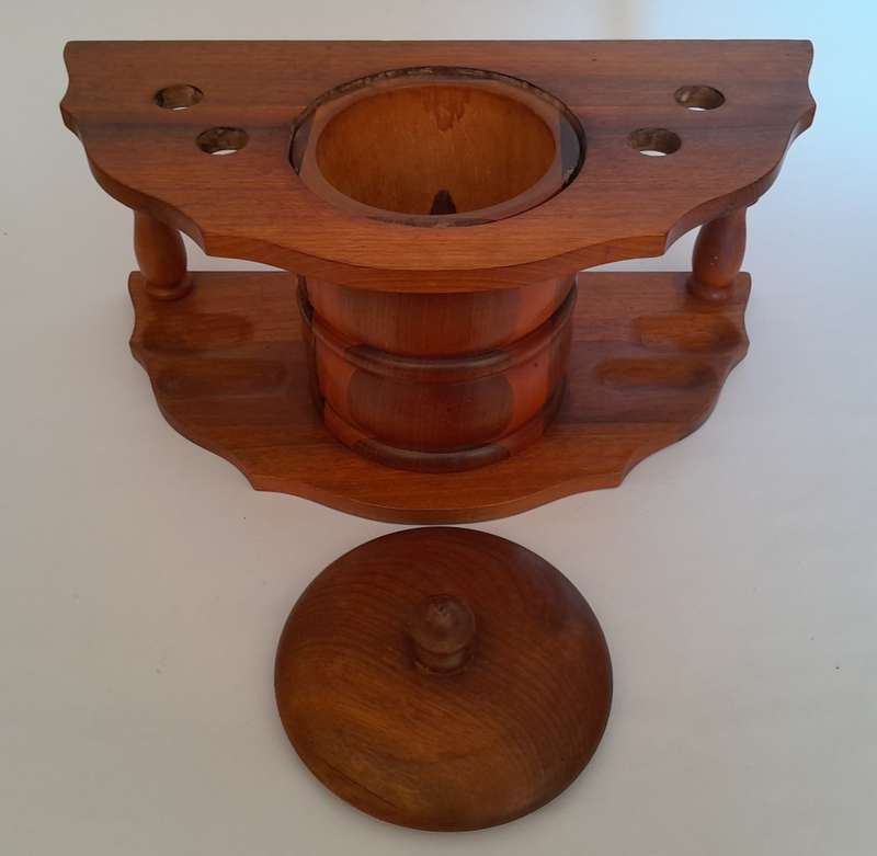 Vintage Solid Wood Pipe Stand For 4 Pipes With Tobacco Jar.