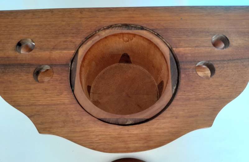 Vintage Solid Wood Pipe Stand For 4 Pipes With Tobacco Jar.