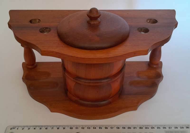 Vintage Solid Wood Pipe Stand For 4 Pipes With Tobacco Jar.