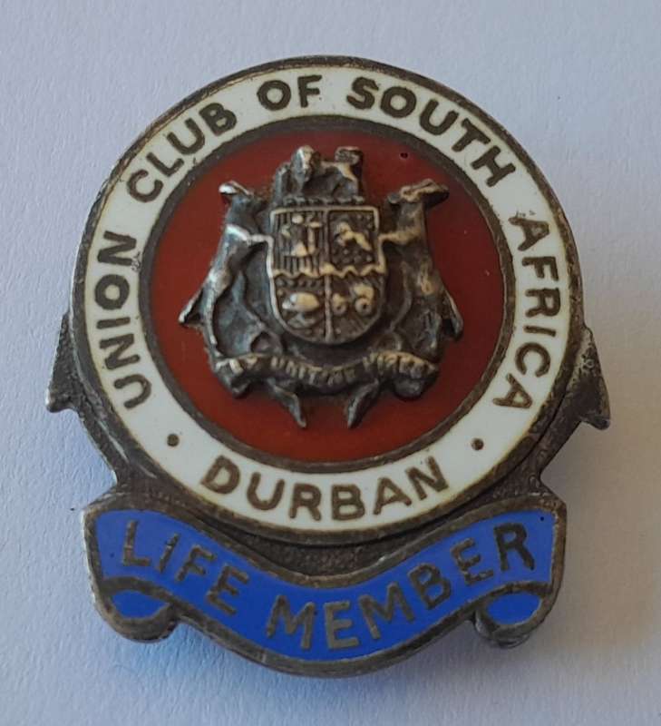 Solid Silver And Enamel `Union Club Of South Africa / Durban / Life Member` Lapel Badge.