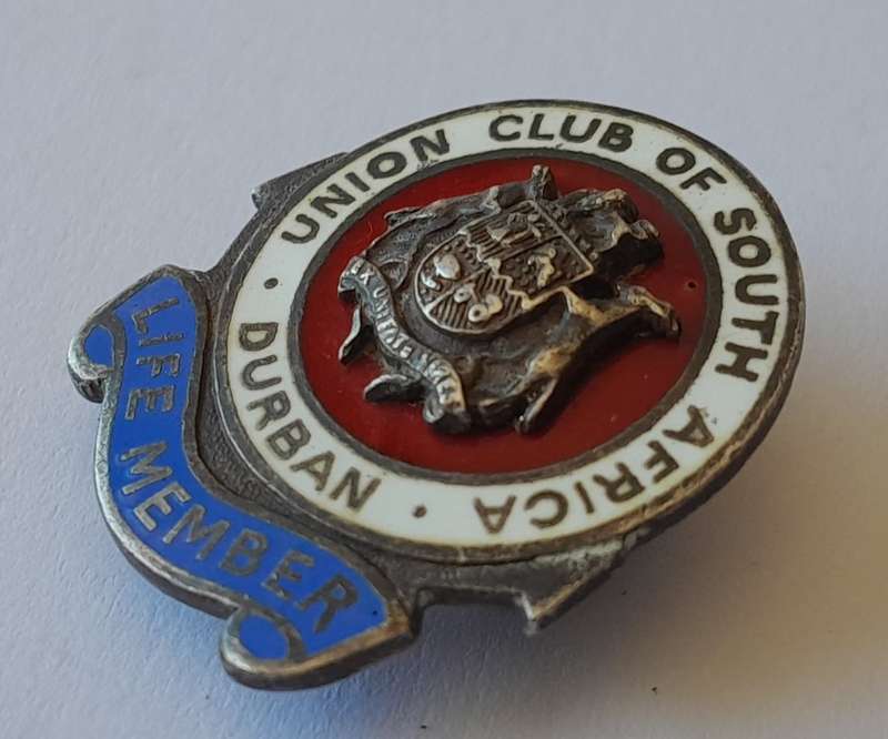 Solid Silver And Enamel `Union Club Of South Africa / Durban / Life Member` Lapel Badge.