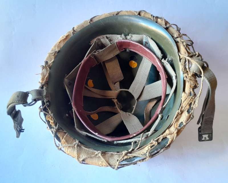 Vintage SADF Staaldak Helmet With Full Bush Camo Netting And Inner.