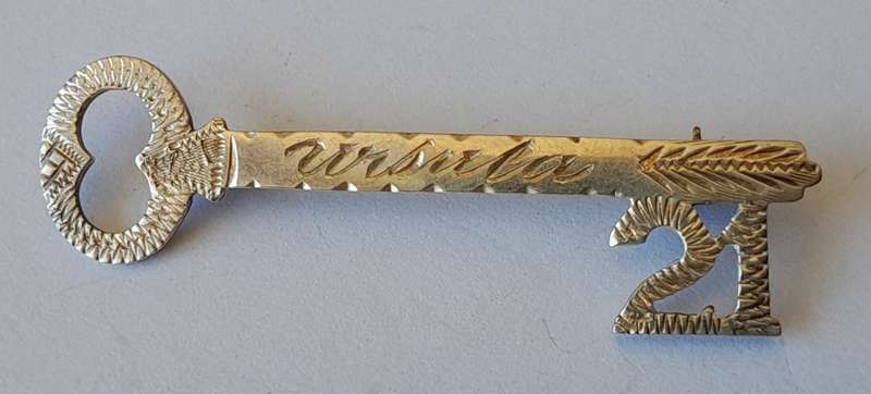 Vintage Solid Silver 21st Key Brooch. `Ursula`.