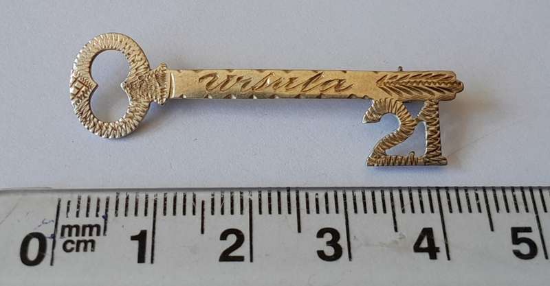 Vintage Solid Silver 21st Key Brooch. `Ursula`.