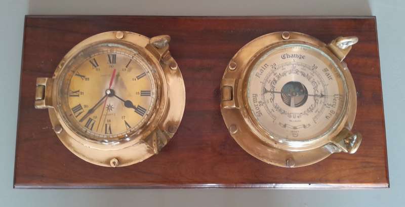 'Reserved'. Antique Solid Brass Porthole Ship`s Clock And Barometer Mounted On Solid Blackwood Base.