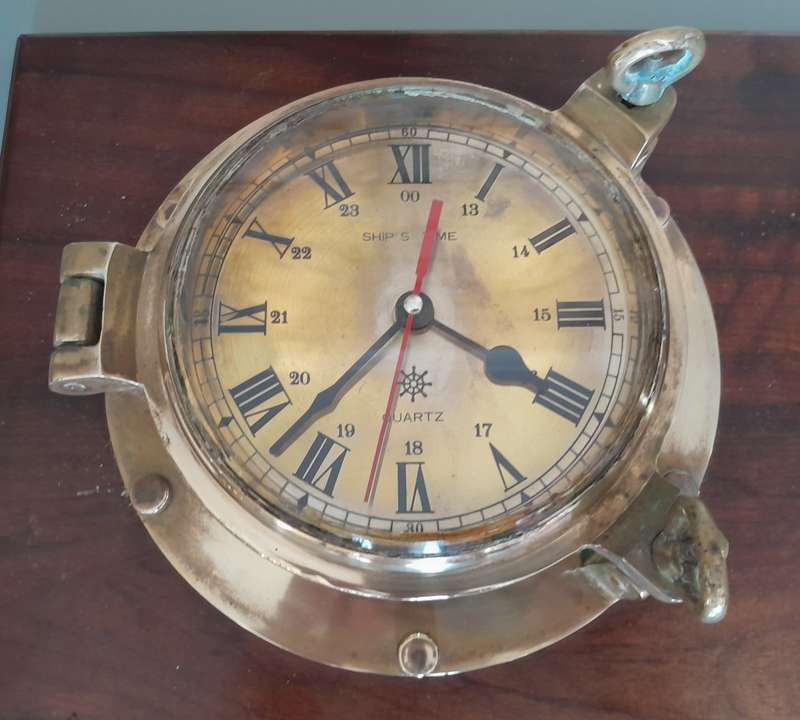 'Reserved'. Antique Solid Brass Porthole Ship`s Clock And Barometer Mounted On Solid Blackwood Base.