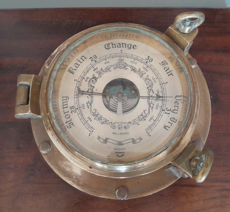 'Reserved'. Antique Solid Brass Porthole Ship`s Clock And Barometer Mounted On Solid Blackwood Base.