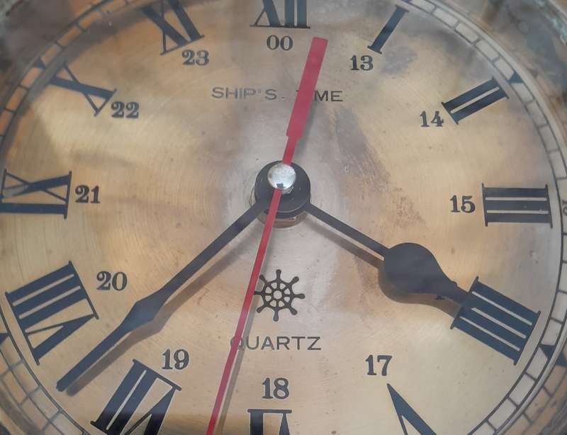 'Reserved'. Antique Solid Brass Porthole Ship`s Clock And Barometer Mounted On Solid Blackwood Base.