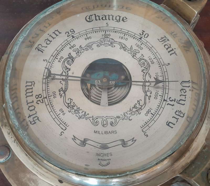 'Reserved'. Antique Solid Brass Porthole Ship`s Clock And Barometer Mounted On Solid Blackwood Base.