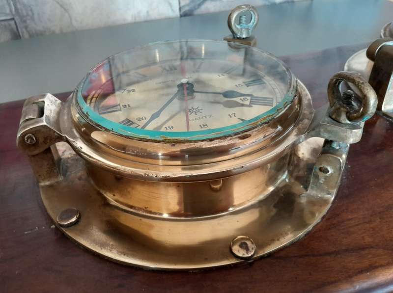 'Reserved'. Antique Solid Brass Porthole Ship`s Clock And Barometer Mounted On Solid Blackwood Base.