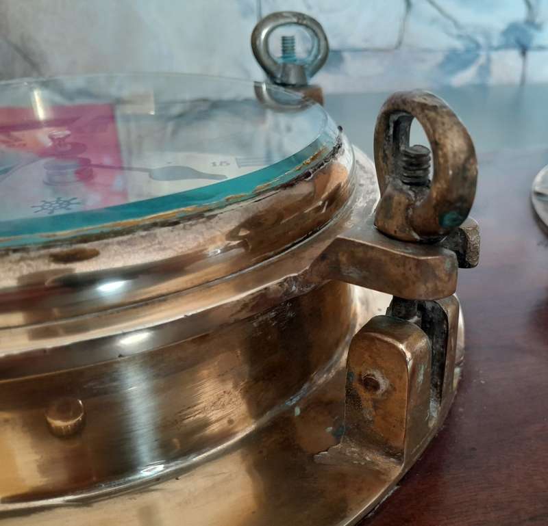 'Reserved'. Antique Solid Brass Porthole Ship`s Clock And Barometer Mounted On Solid Blackwood Base.