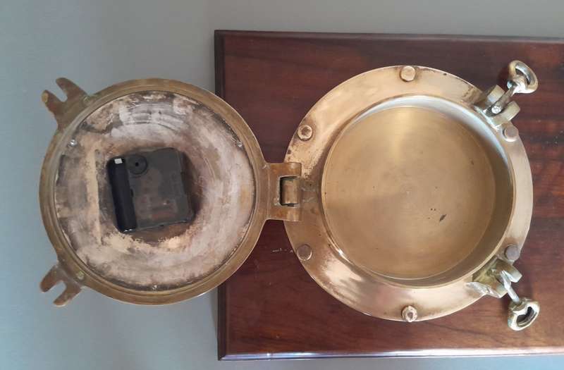 'Reserved'. Antique Solid Brass Porthole Ship`s Clock And Barometer Mounted On Solid Blackwood Base.