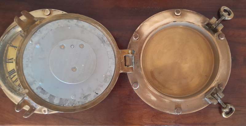 'Reserved'. Antique Solid Brass Porthole Ship`s Clock And Barometer Mounted On Solid Blackwood Base.