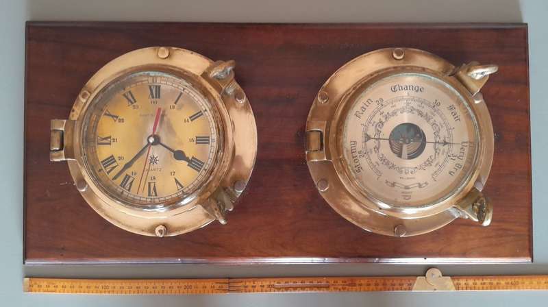 'Reserved'. Antique Solid Brass Porthole Ship`s Clock And Barometer Mounted On Solid Blackwood Base.