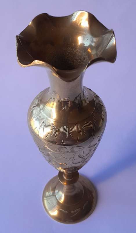 Vintage Brass Vase With Engraved Decoration. 19 cm.