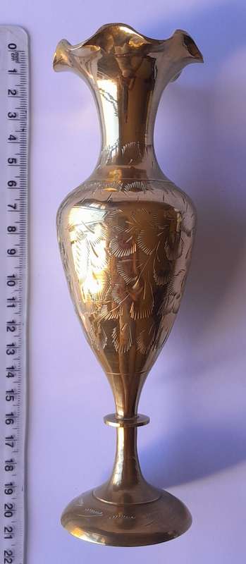 Vintage Brass Vase With Engraved Decoration. 19 cm.