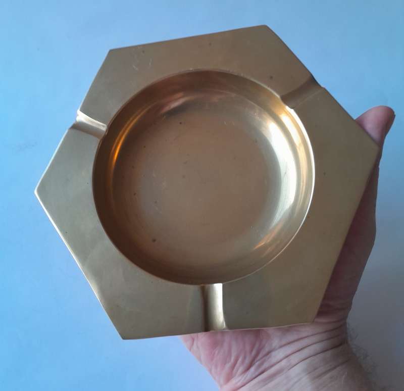 Vintage Large And Heavy Brass Hexagonal Ashtray. 16.5 cm.