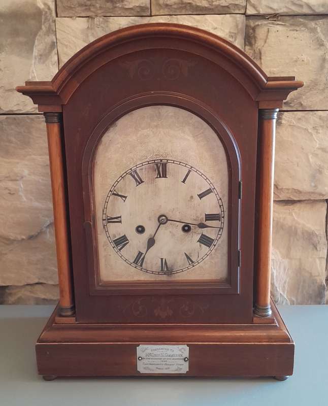 Antique 1913 Mantel Clock Presented By Harrismith Railway Staff.  Running. 42 x 31.5 x 17.5 cm.