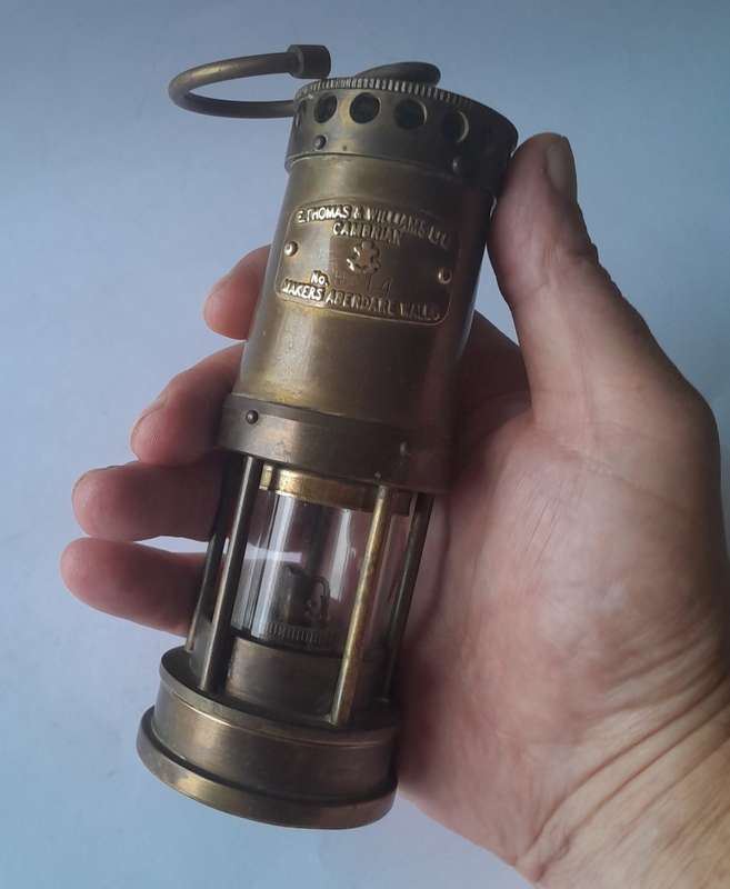 Rare `E Thomas and Williams` Miniature Welsh Miner`s Paraffin Lamp. 21 cm.