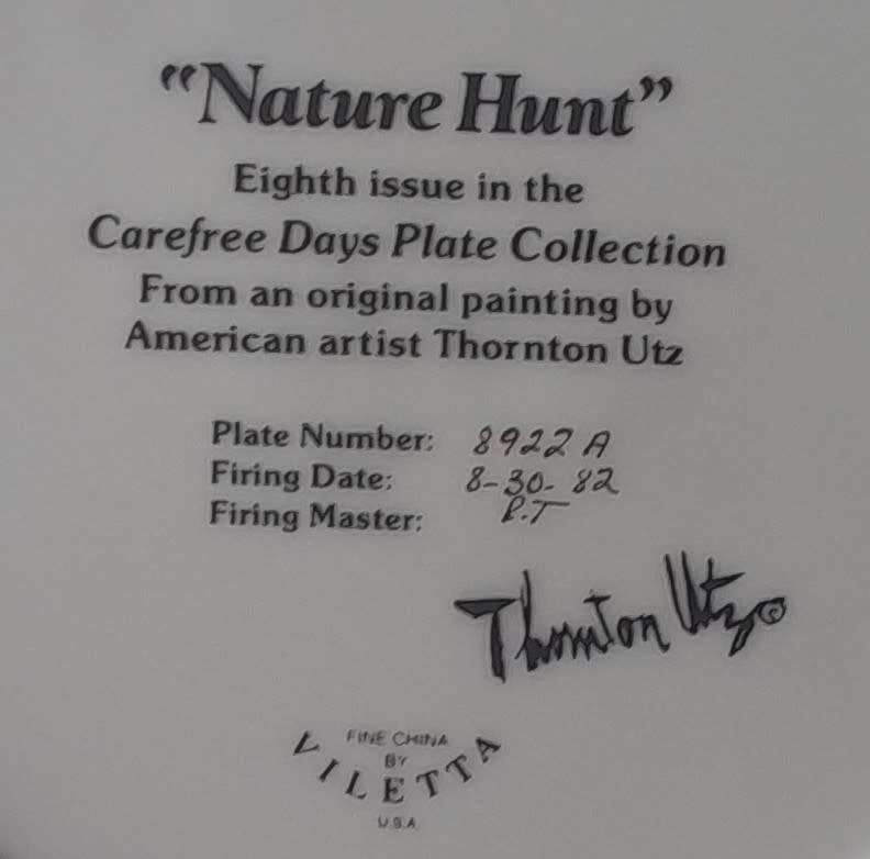 Vintage Plate By Viletta. `Nature Hunt` By Artist `Thornton Utz`. Signed And Dated. 22 cm.