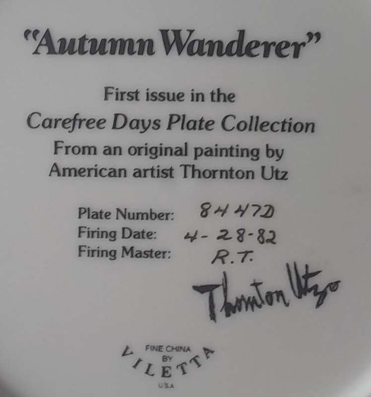 Vintage Plate By Viletta. `Autumn Wanderer ` By Artist `Thornton Utz`. Signed And Dated. 22 cm.