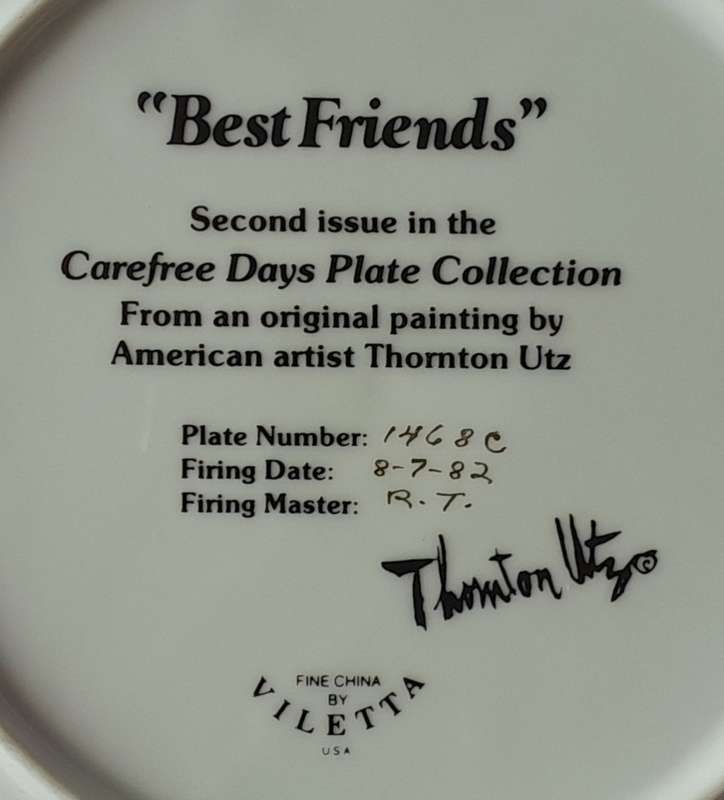 Vintage Plate By Viletta. `Best Friends` By Artist `Thornton Utz`. Signed And Dated. 22 cm.