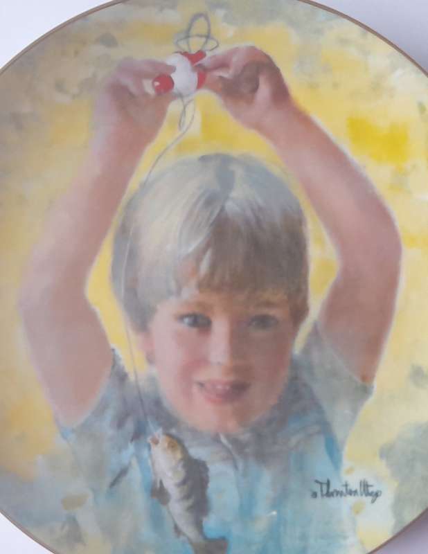Vintage Plate By Viletta. `First Catch` By Artist `Thornton Utz`. Signed And Dated. 22 cm.
