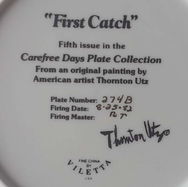 Vintage Plate By Viletta. `First Catch` By Artist `Thornton Utz`. Signed And Dated. 22 cm.