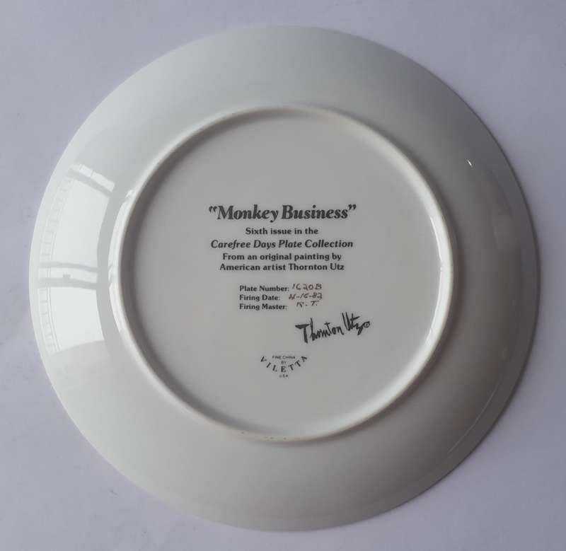 Vintage Plate By Viletta. `Monkey Business` By Artist `Thornton Utz`. Signed And Dated. 22 cm.