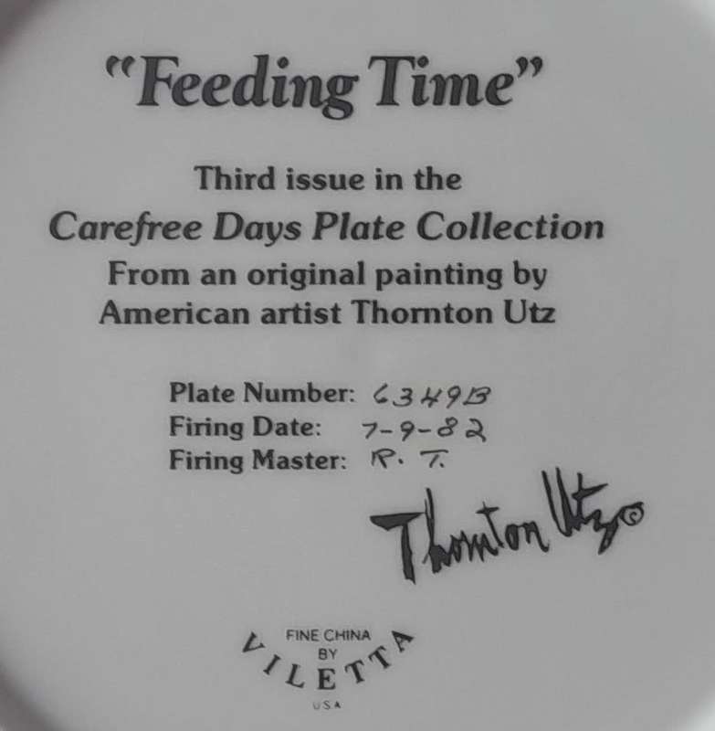 Vintage Plate By Viletta. `Feeding Time` By Artist `Thornton Utz`. Signed And Dated. 22 cm.