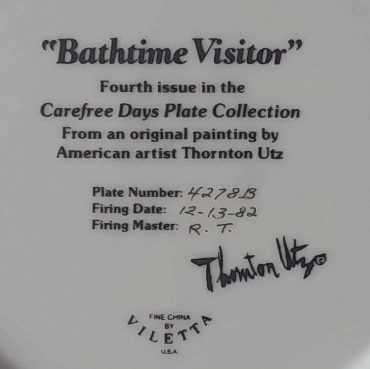 Vintage Plate By Viletta. `Bathtime Visitor` By Artist `Thornton Utz`. Signed And Dated. 22 cm.