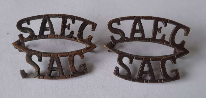 Pair SA Army Engineer Corps Dark Brass Titles. Lugs Intact.