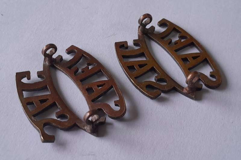 Pair SA Army Engineer Corps Dark Brass Titles. Lugs Intact.