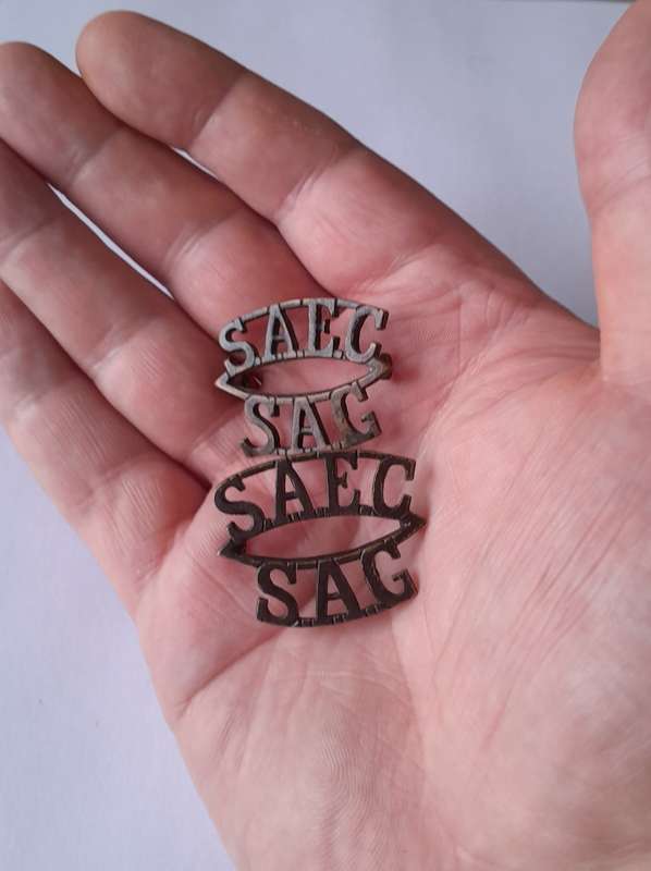 Pair SA Army Engineer Corps Dark Brass Titles. Lugs Intact.