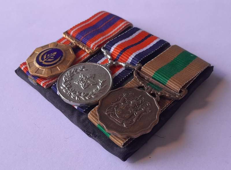 `Reserved`. SADF Court Mounted Miniature Medal Set. Pro Patria, General Service, Good Service.