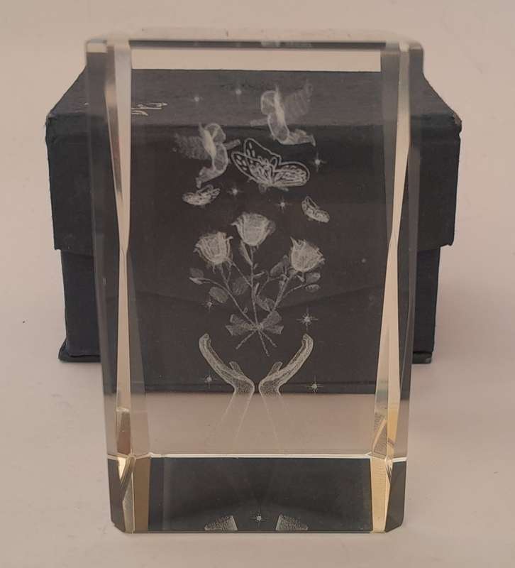 A Three-Dimensional Laser Etched Glass Crystal Paperweight In Original Case.