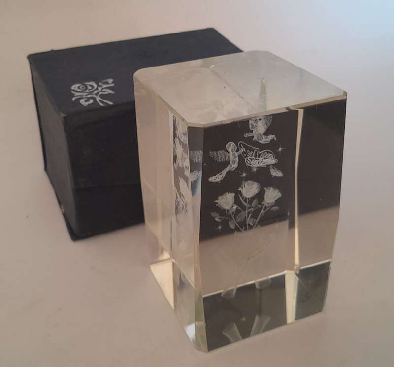 A Three-Dimensional Laser Etched Glass Crystal Paperweight In Original Case.